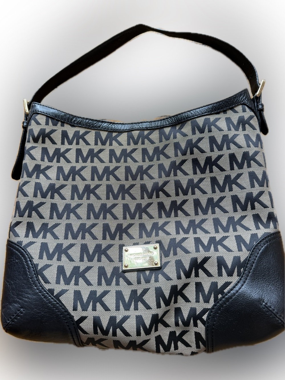 Michael Kors Jet Set Large MK Logo Hobo Shoulder Bag Black Beige 35T2X3ML3J EUC